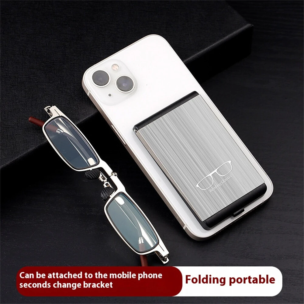 (image for) 2 in 1 Portable Folding Reading Glasses with Metal Glasses Case Mobile Phone Holder HD Anti-Fatigue Anti-blue Light Presbyopic Glasses