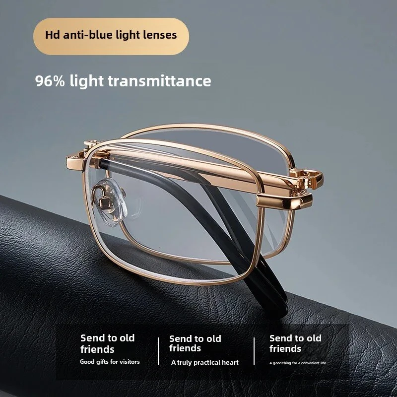 (image for) Anti Blue Light Multifocal Reading Glasses, Portable Foldable Presbyopic Glasses for Both Near Far Distances, Gold Frame Eyeglasses