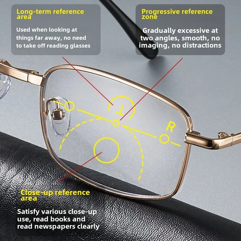 (image for) Anti Blue Light Multifocal Reading Glasses, Portable Foldable Presbyopic Glasses for Both Near Far Distances, Gold Frame Eyeglasses
